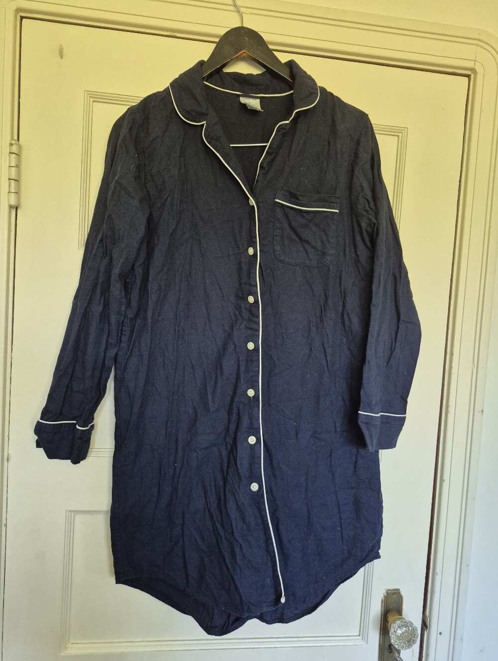 Lands End Womens Night Shirt Nightgown Pajamas Navy With White Piping Small